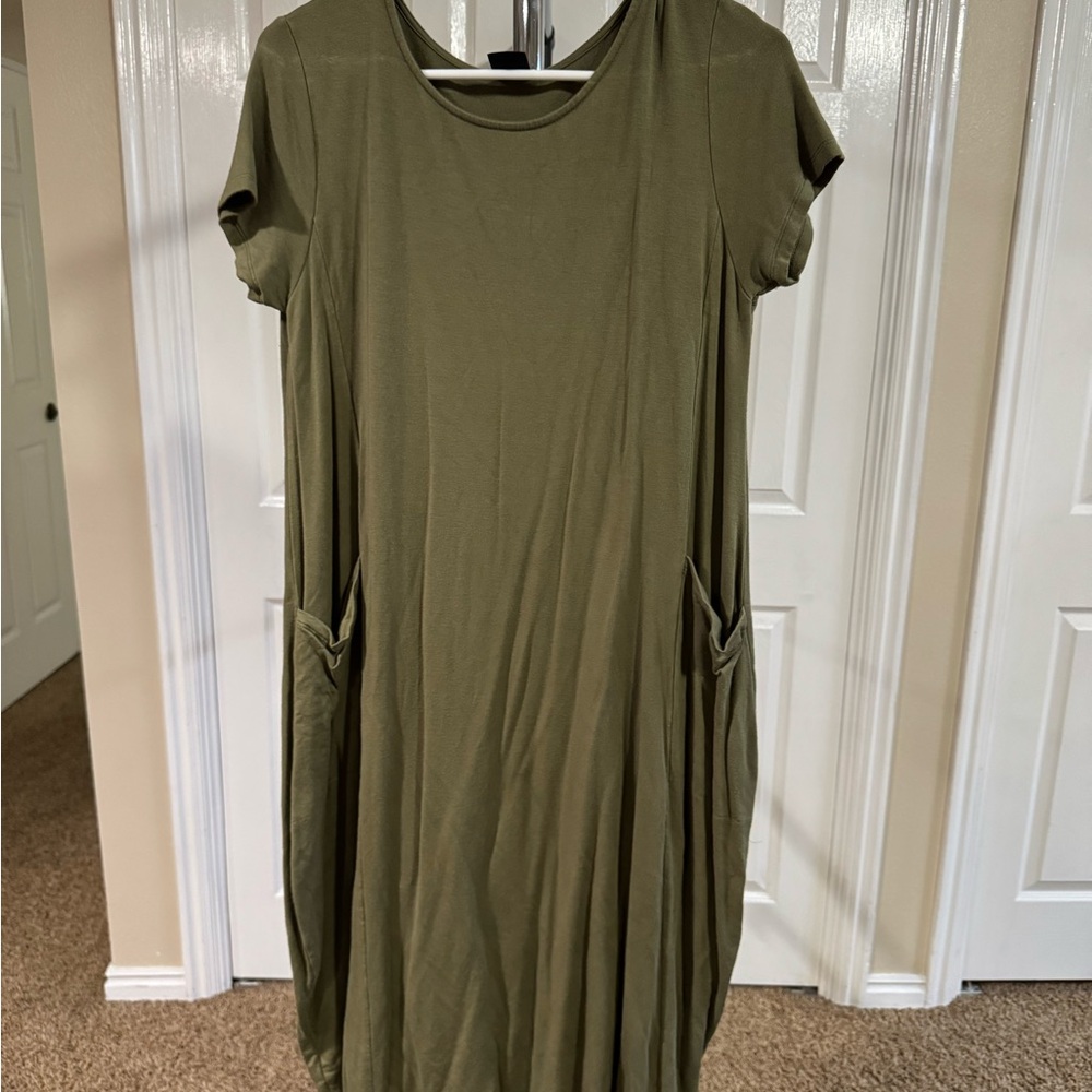 Olive Green Casual Dress with Pockets